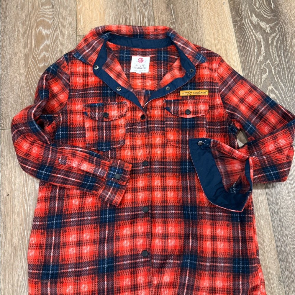 Simply Southern Red Plaid button fleece holiday fall Shirt Top Shacket camping